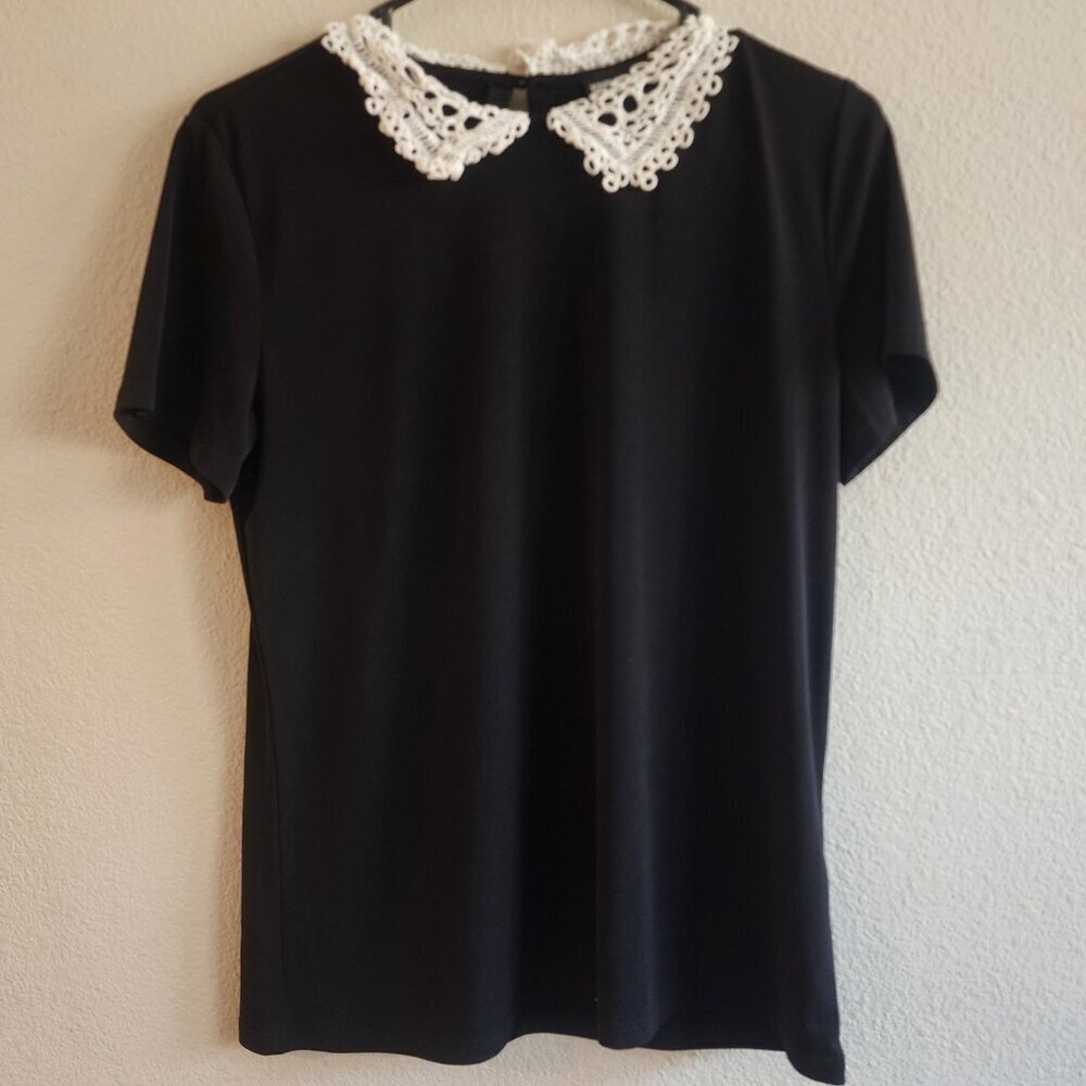 Karl Lagerfeld Paris Shirt Womens Small Black White Lace Collar Short Sleeve Top